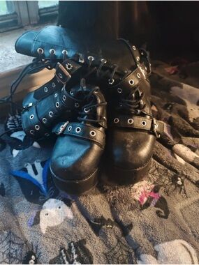 Black Platform Lace-Up Boots with Buckle Straps